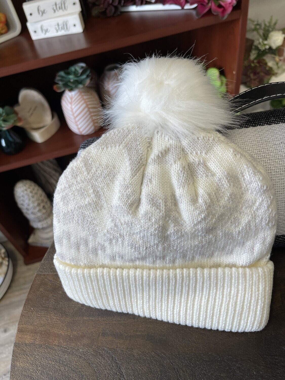 Pom Pom Beanies, Color: White/Silver, Size: Winter Wonderland