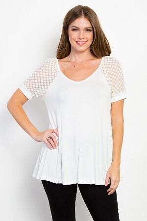 Lace Sleeve Top , Color: Off White, Size: SM