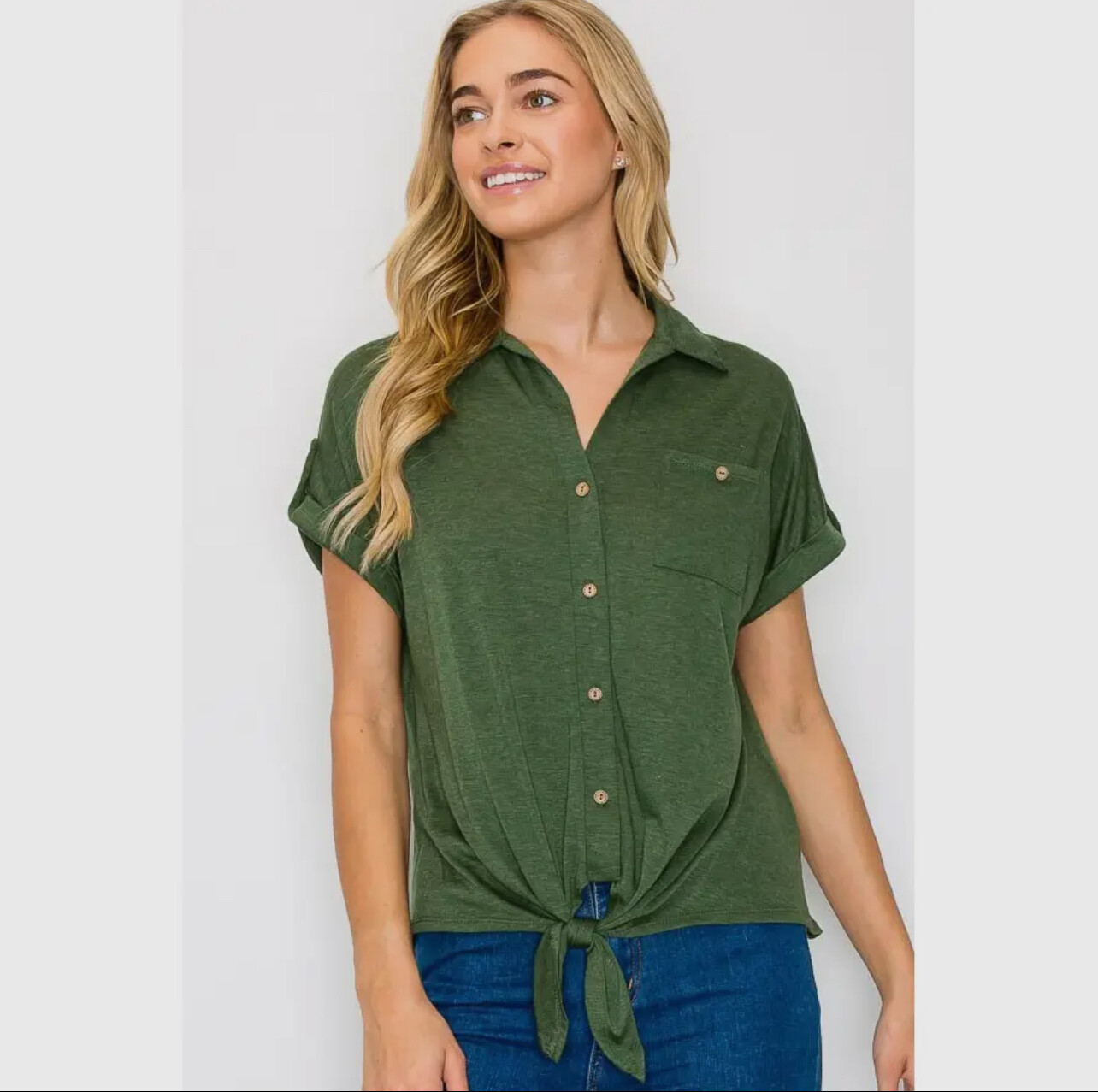 Collar Neck Button Down Tie Front-Olive, Color: SM