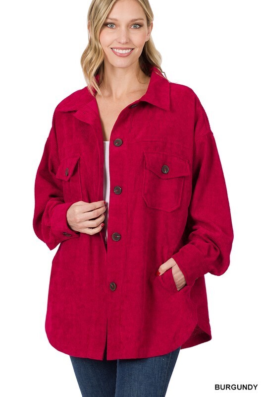 OVRSZ. CORDUOY BUTTON FRONT SHACKET W/  PCKTS, Color: Burgundy, Size: SM
