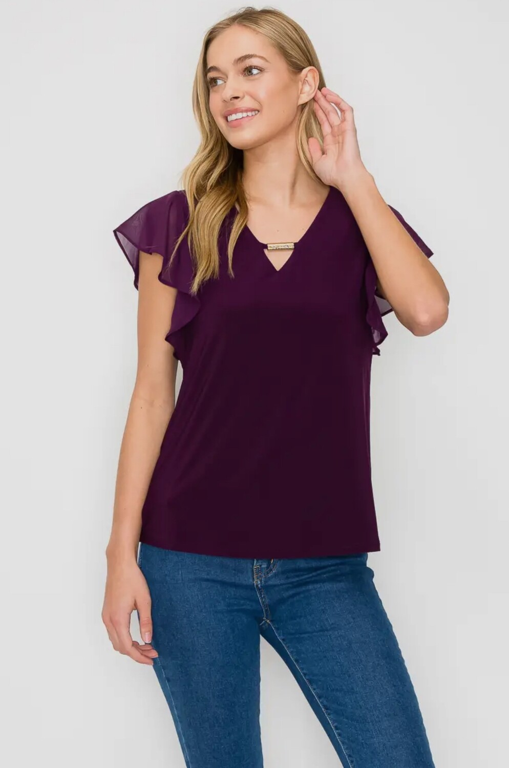 Bar Keyhole V Neck Flutter Ruffle-Plum, Color: Plum, Size: SM