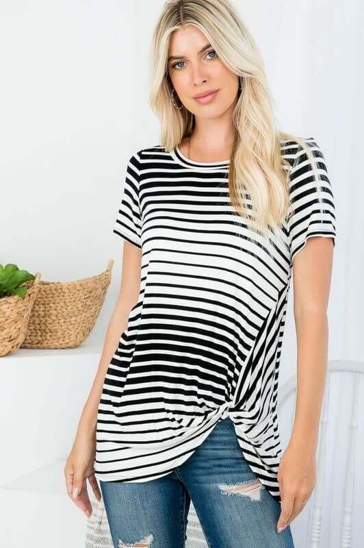 Multi Stripe Twisted Front Tunic, Color: Black1, Size: SM, Material: 95%RAYON 5%SPANDEX