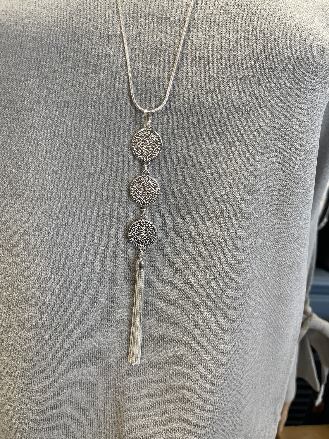 Long Necklace w/ Circle Designs Dangling, Color: Silver