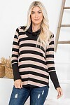 STRIPED COWL NECK SWEATER, Color: Taupe, Size: SM