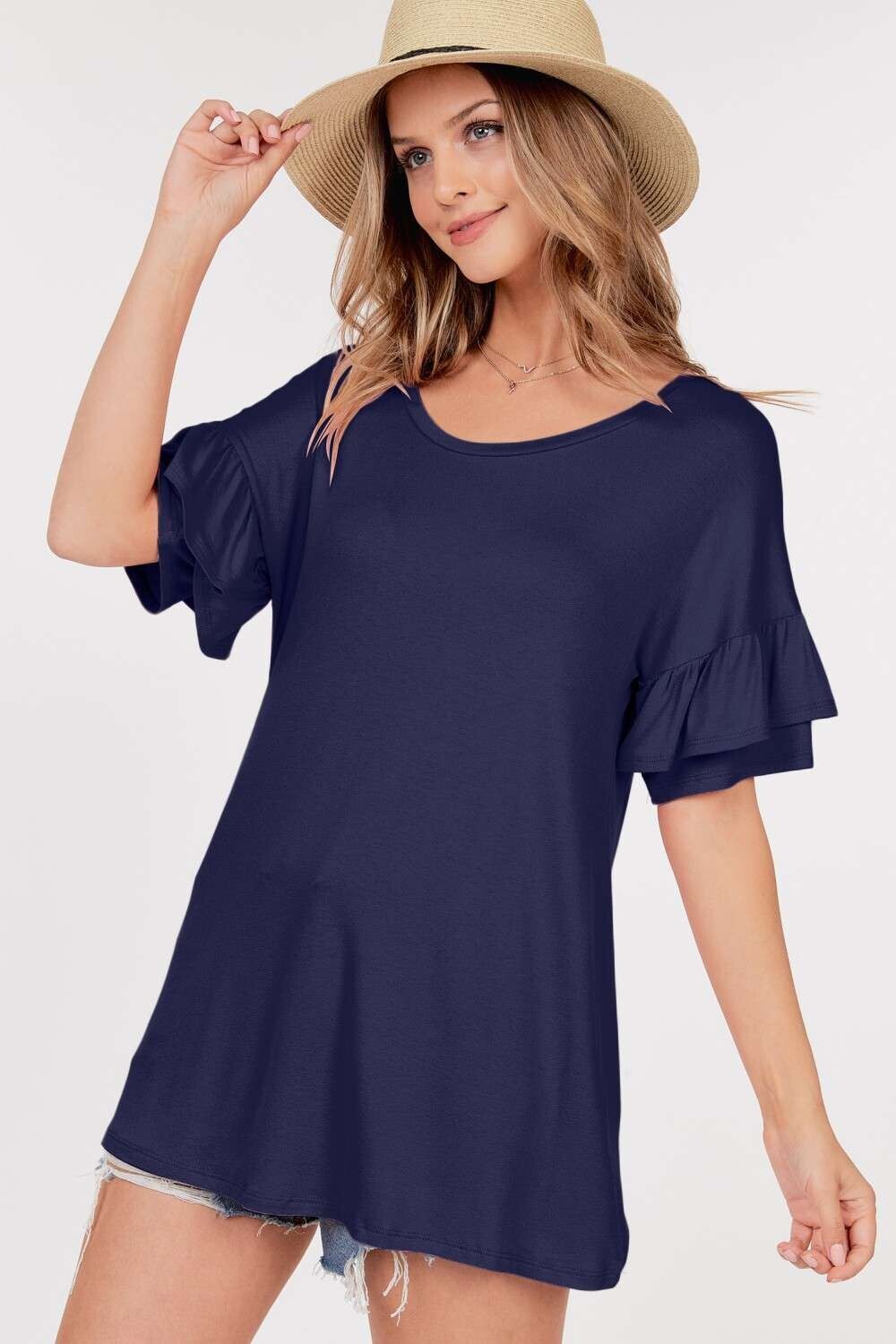 Knit Top With Short Ruffle Sleeves and Round Neck, Color: Navy, Size: SM