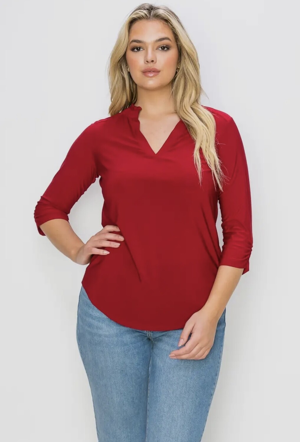 Ruffle Mandarin Collar V Neck , Color: Cranberry, Size: SM