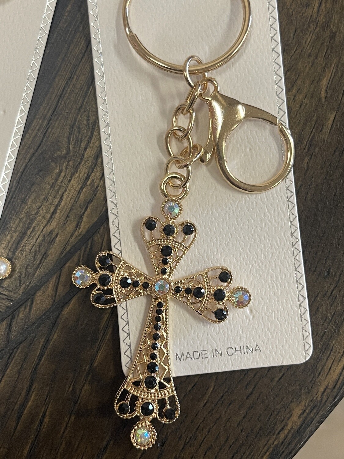 Cross Rhinestone with Pearl Keychains, Color: Black/Gold
