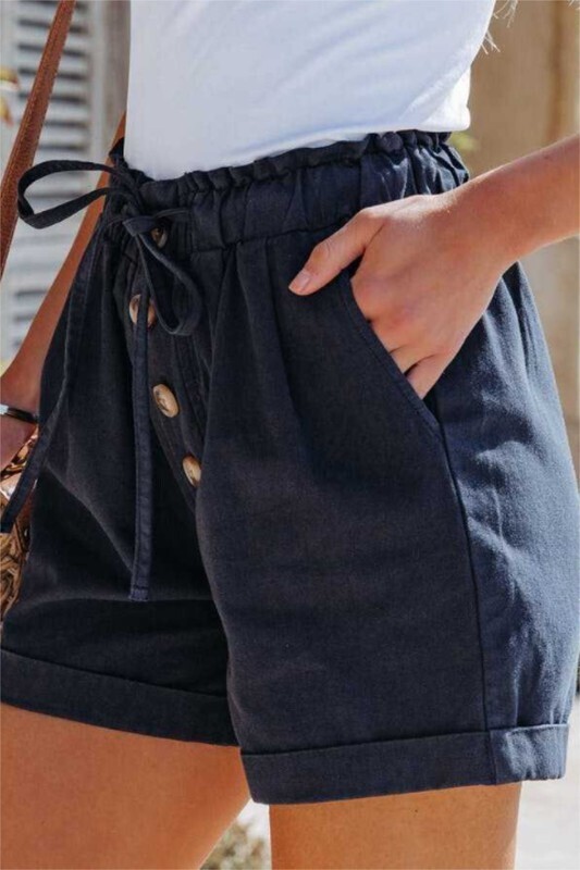 Buttom Down wide leg short with Elastic Strap, Color: Navy, Size: SM