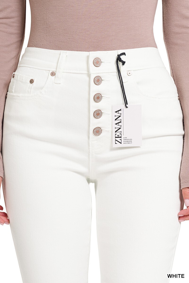 White Button Fly Raw Hem Skinny Denim Jeans, Color: White, Size: 26 / 3