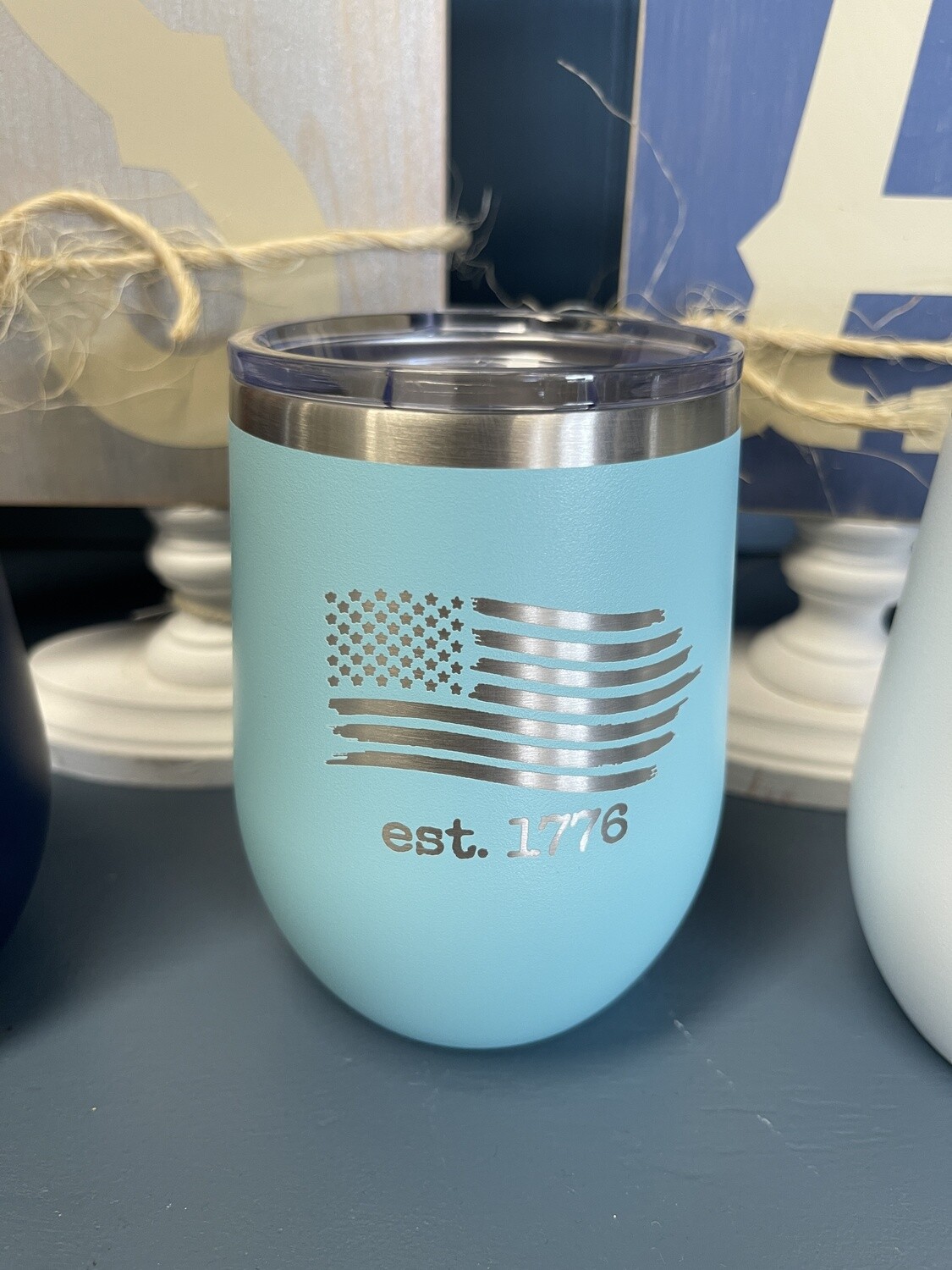Engraved w/ American Flag -12oz Wine Tumbler , Color: Teal