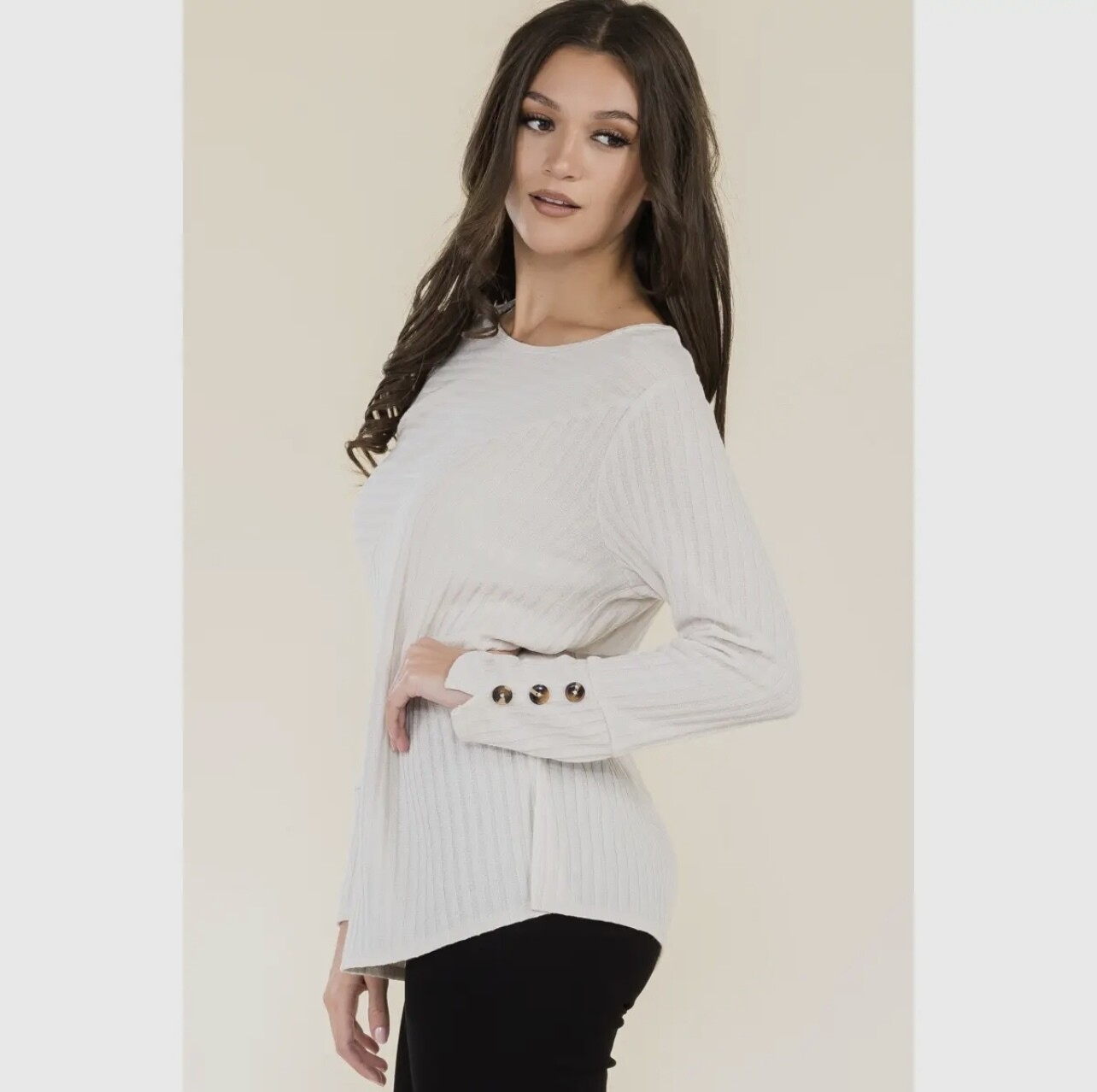 Side Slit Splicing BTTN Cuff Sweater, Color: Oatmeal, Size: SM