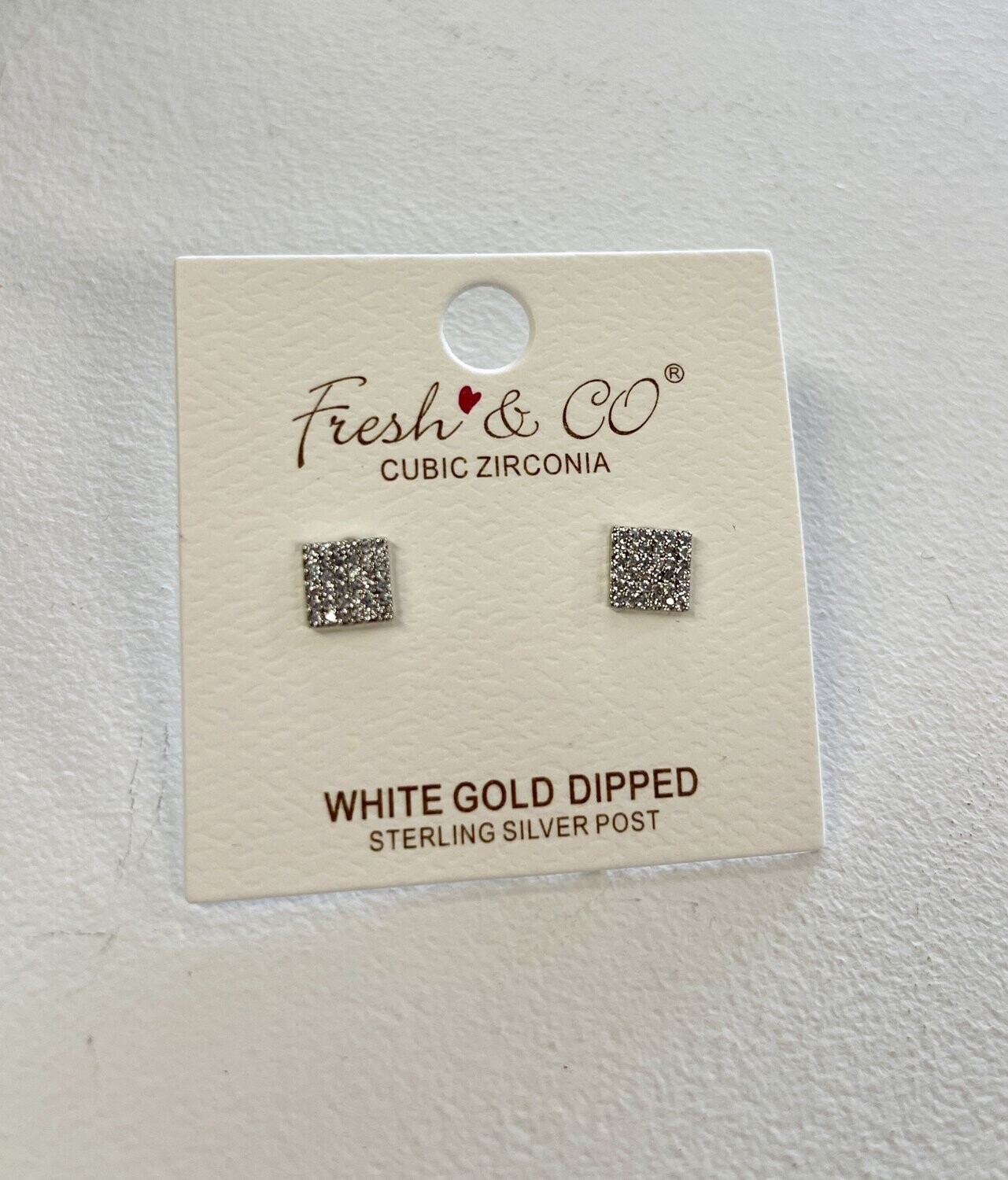Square CZ Stud Earrings White Gold Dipped