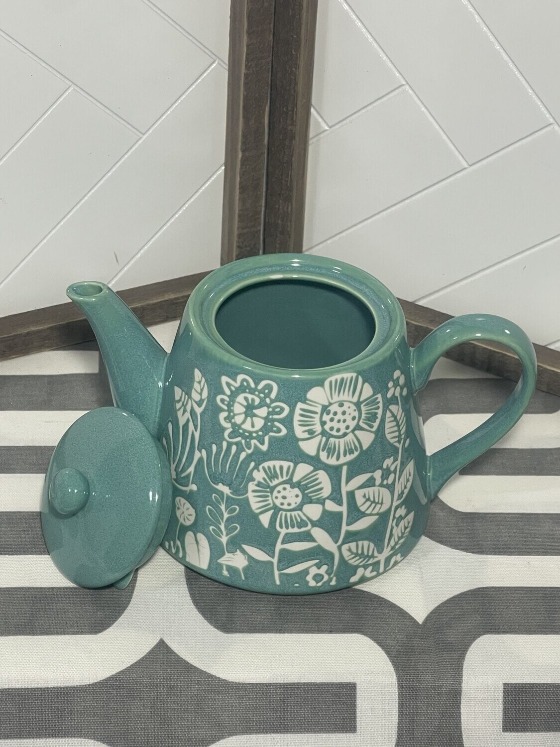 Turquoise White Flowered Tea Pot