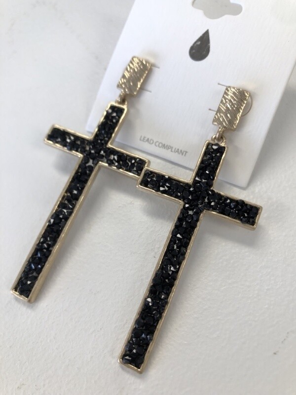 Cross Druzy Stone Dangling Earrings - Black &amp; Gold