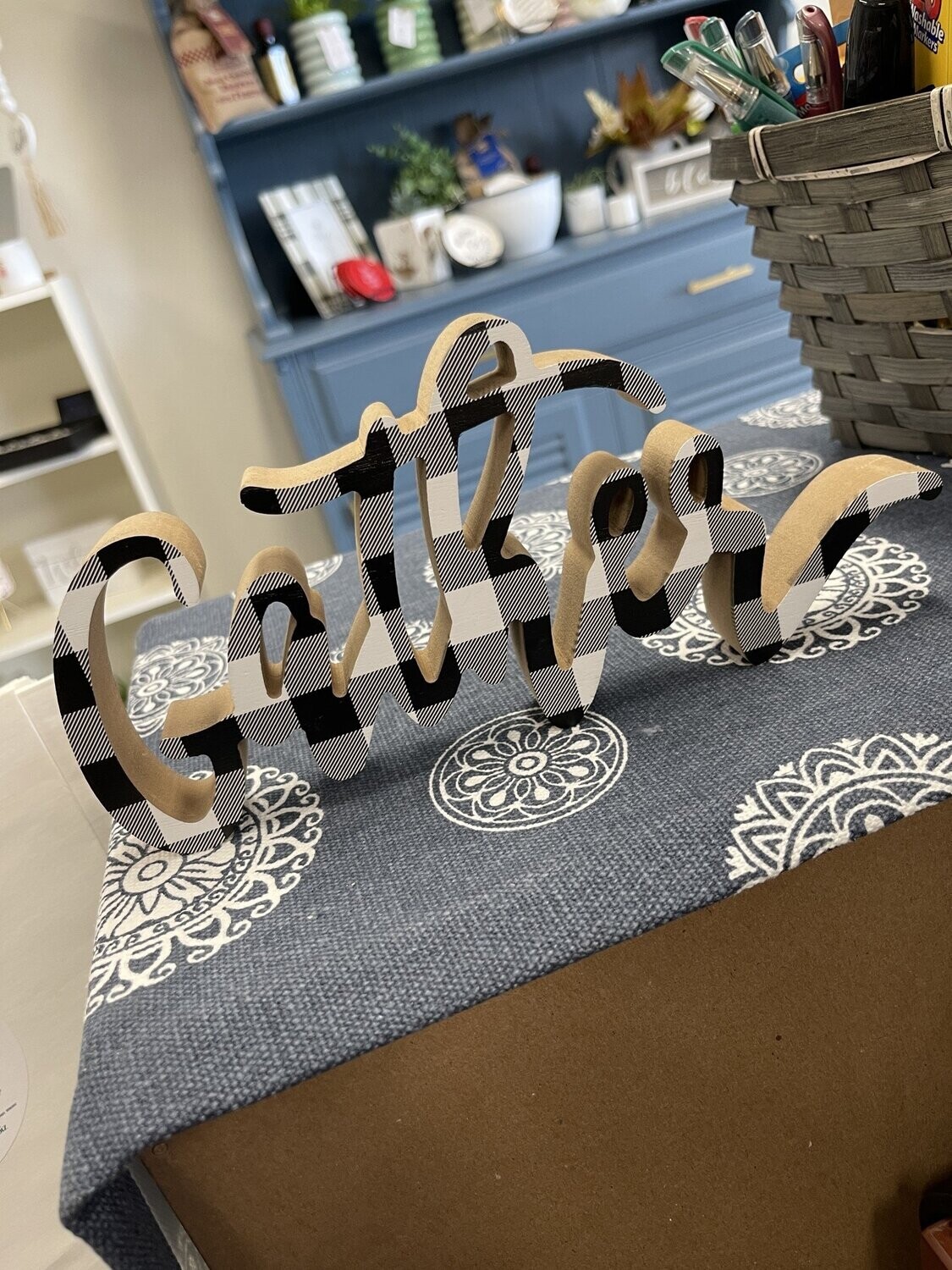 &quot;Gather&quot; Wooden Tabletop Word-Black &amp; White