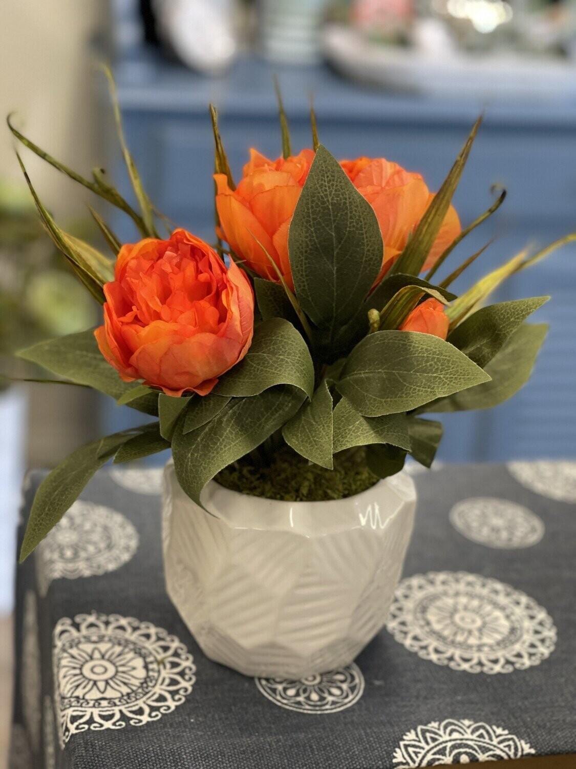 Orange Peonies &amp; Grass in White Ceramic Planter