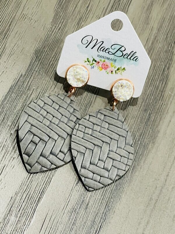 Druzy Drop Grey &amp; White Leather Earrings