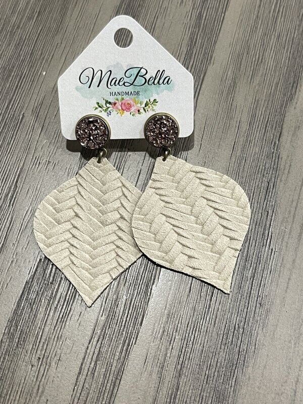 Druzy Beige and Leather Weave Earrings