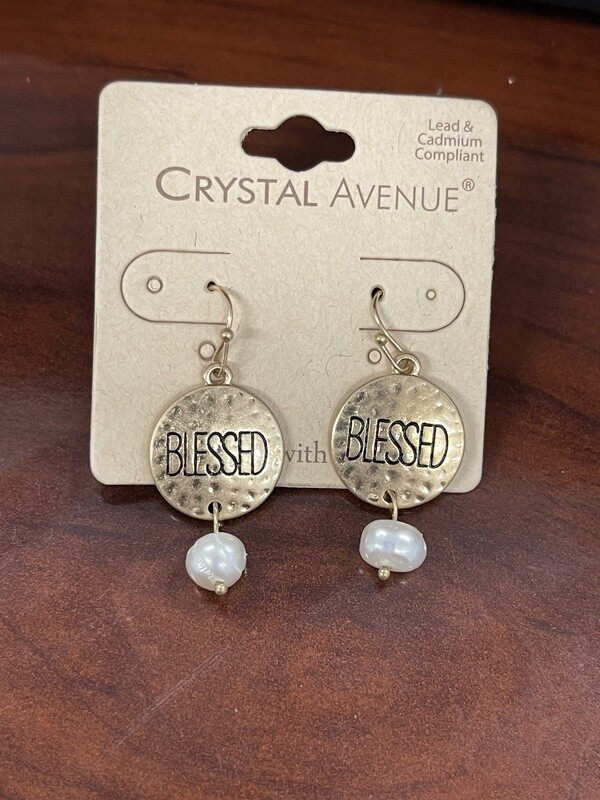 Blessed Saying on Gold w/ Pearl Dangling Earrings
