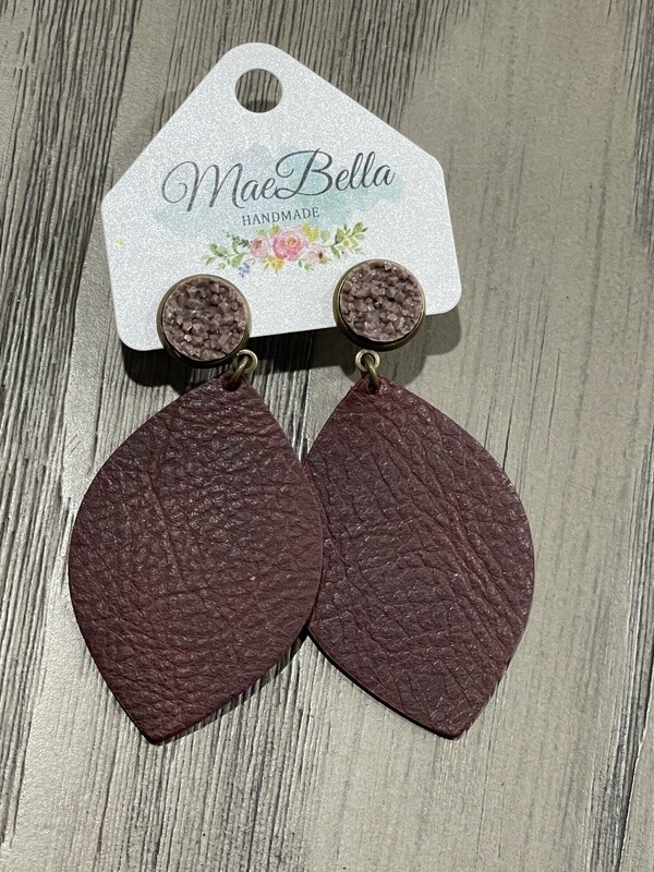 Druzy Drop Leather  Burgundy &amp; Taupe Earrings