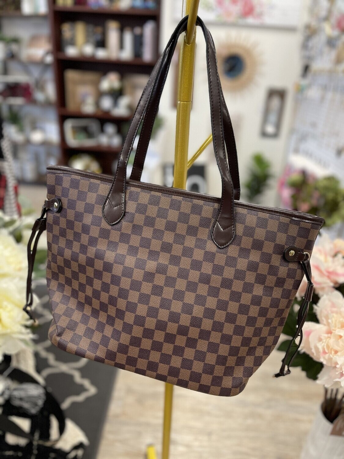 Checkered Tote/Handbag with Pouch - Brown
