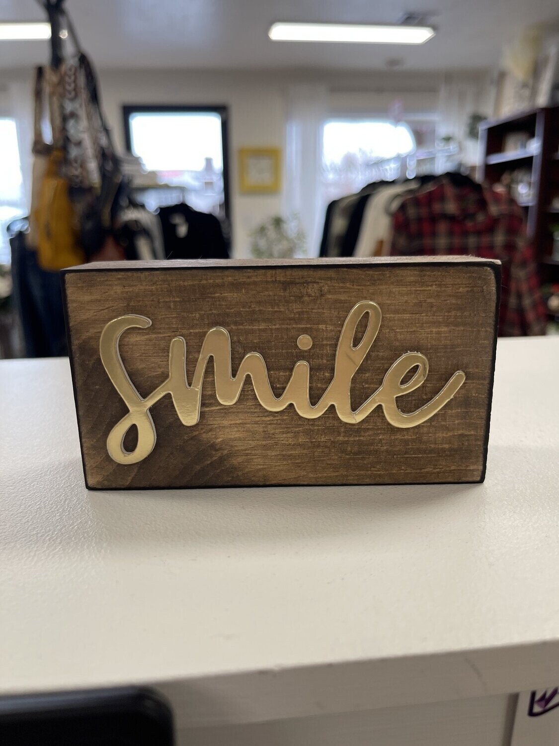 SMILE on Wood Block 9Lettering in Gold)