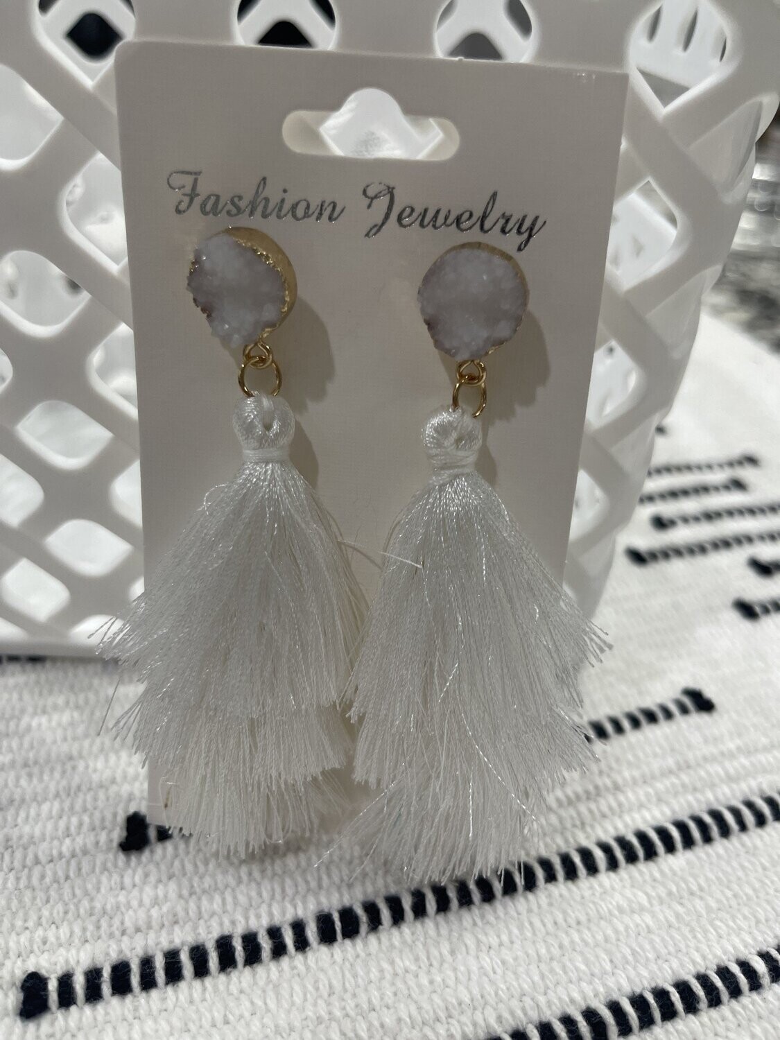 White Tassel w/ Stone Earrings