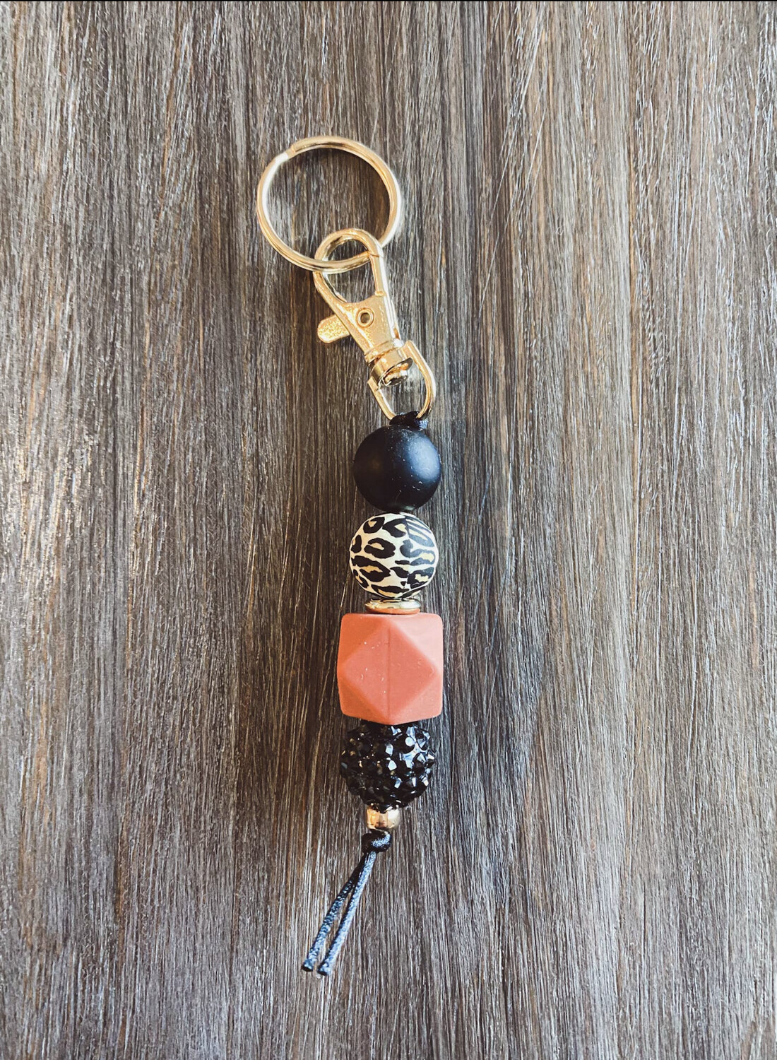 Black and Leopard Silicone Bead Keychain