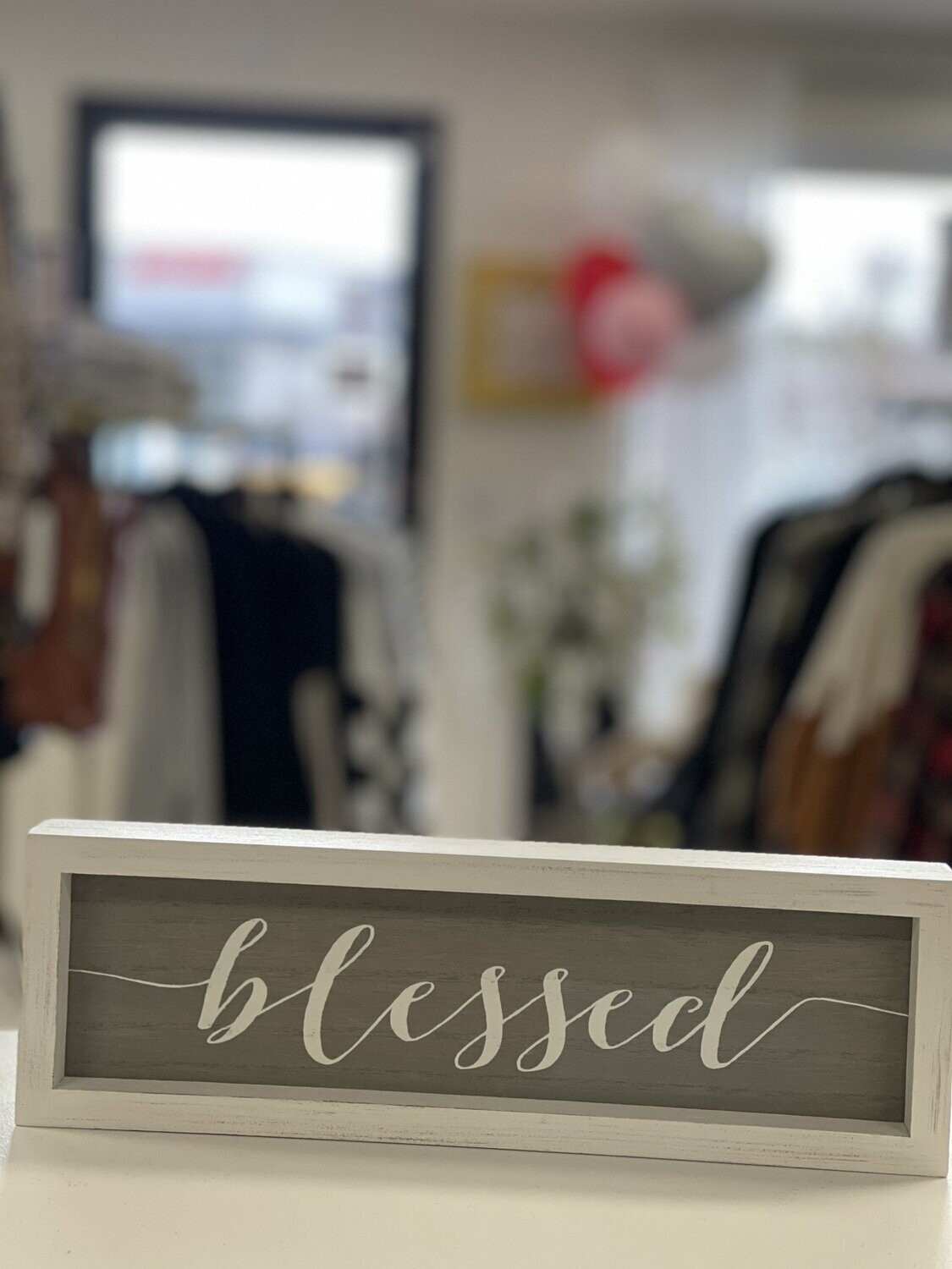 Blessed Saying in Wood Box w/ Grey Background and White Writing