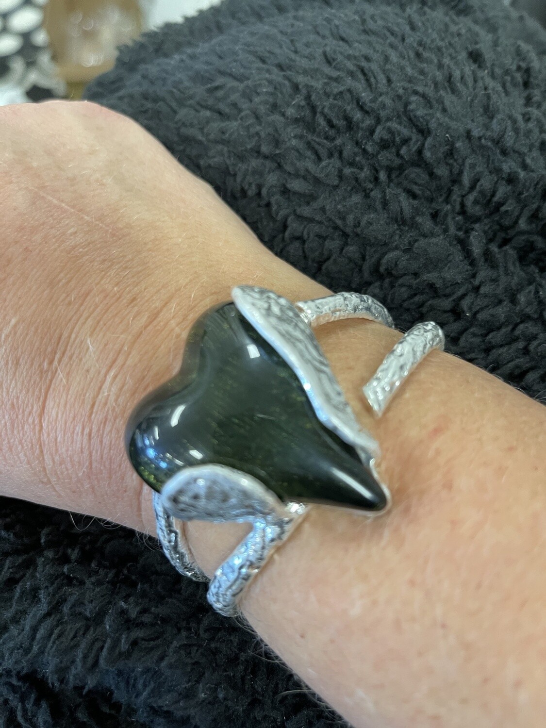 Large Hinged Cuff Heart Black/SIlver Bracelet