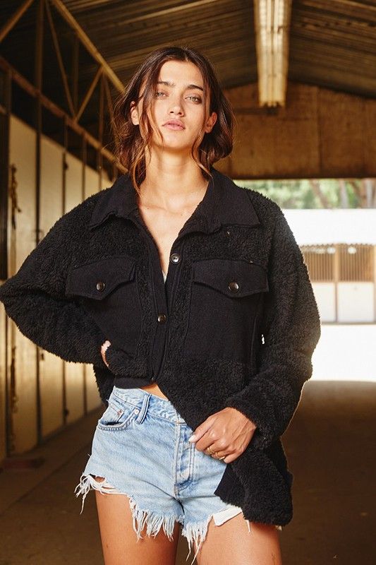 Oversized Fuzzy Shacket with Big Chest Pockets - Made in USA, Color: Black, Size: Small