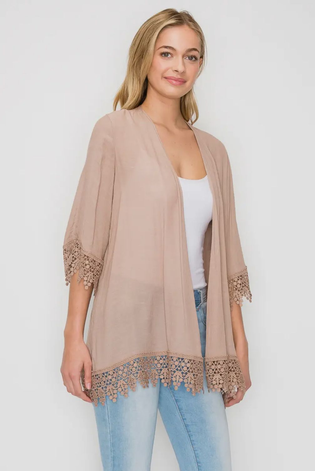 Crochet-Trim 3/4 Sleeve Woven Cardigan - Taupe, Color: SM