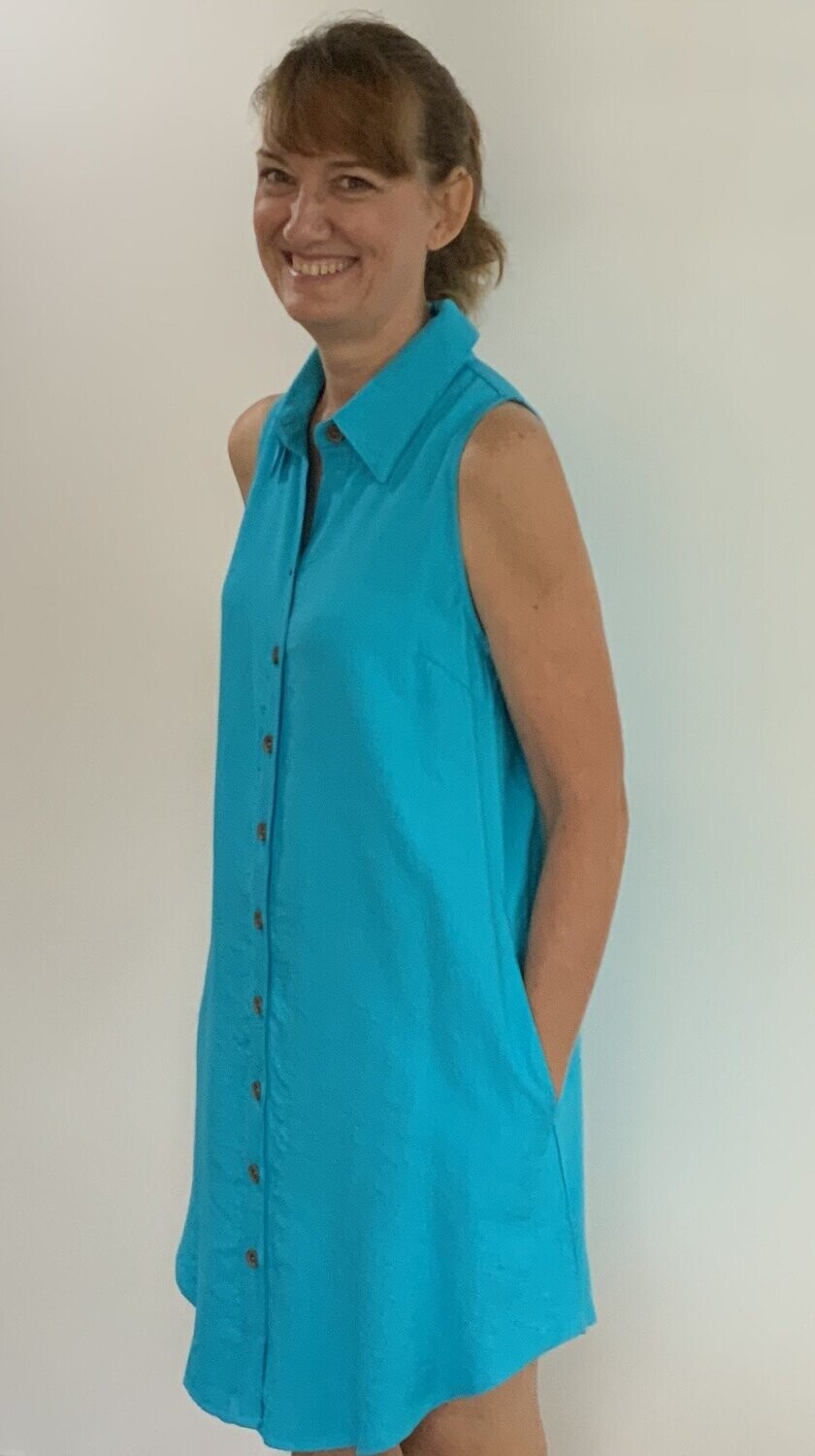 SLEEVELESS BUTTON BACK DRESS SOLID, Color: AQUA, Size: S