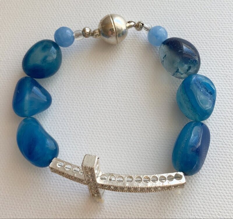 PAVE CROSS MYKONOS BLUE AGATE BRACELET