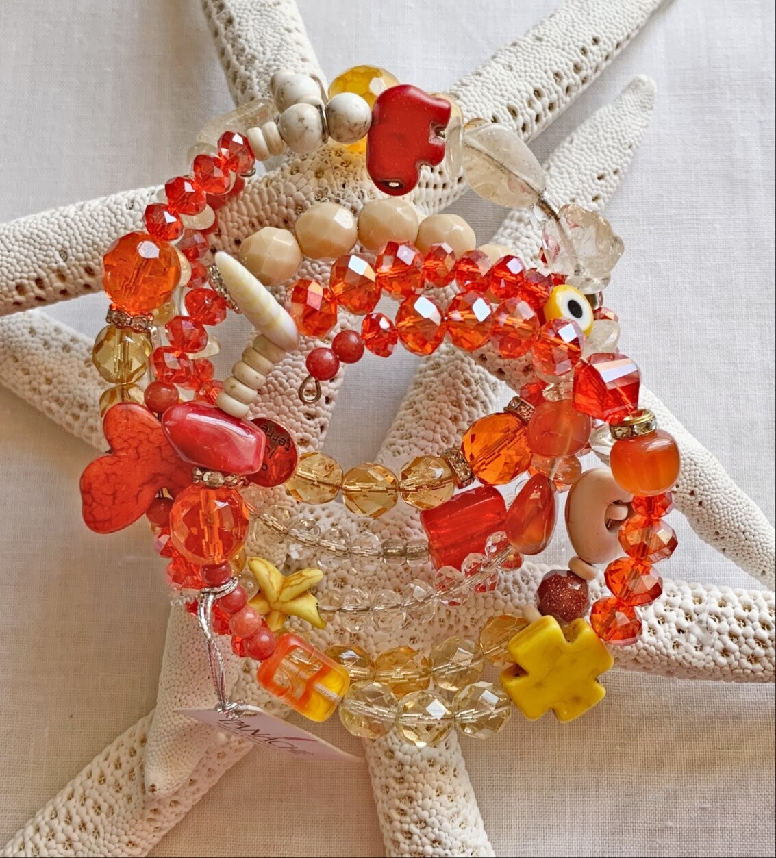 CRYSTAL MULTI BEAD WIRE WRAP ORANGE BRACELET