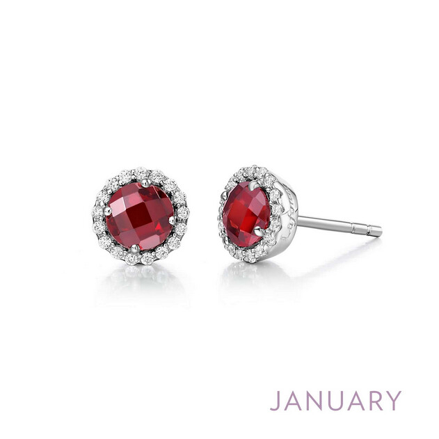 5MM Garnet with .34 CTTW Lassaire Halo Earrings
