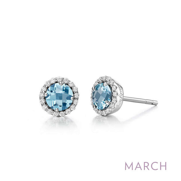 5MM Simulated Aquamarine with .34 CTTW Lassaire Halo Earrings