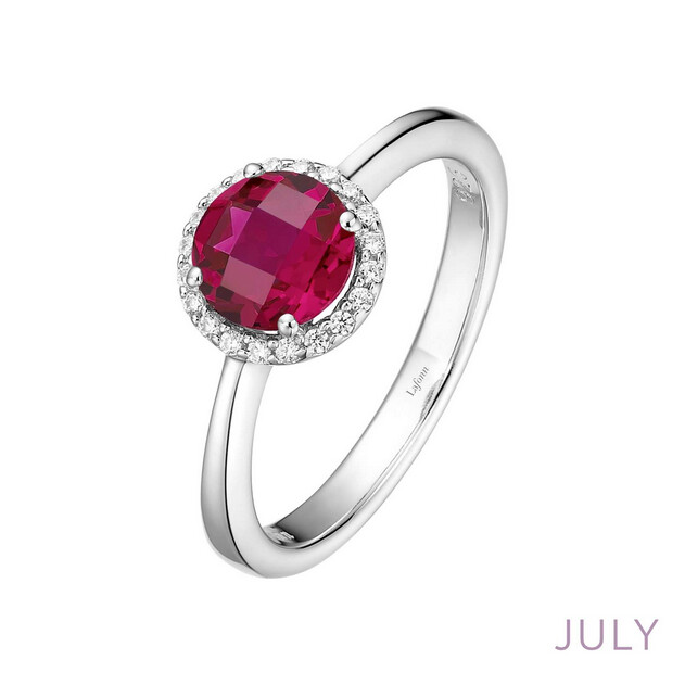 6MM LG Ruby w/ .20CTTW Lassaire Halo Ring - size 7