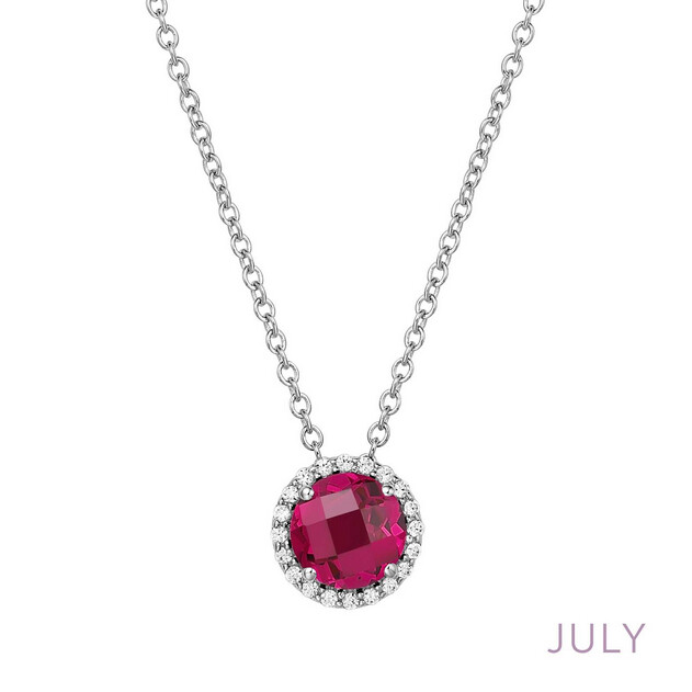 6MM LG Ruby w/ .20CTTW Lassaire Halo Necklace
