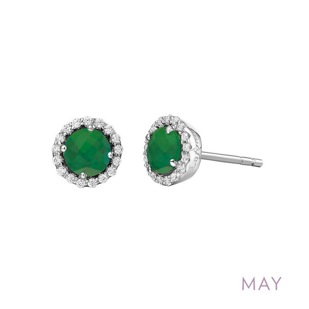 5MM Simulated Emerald with .34 CTTW Lassaire Halo Earrings