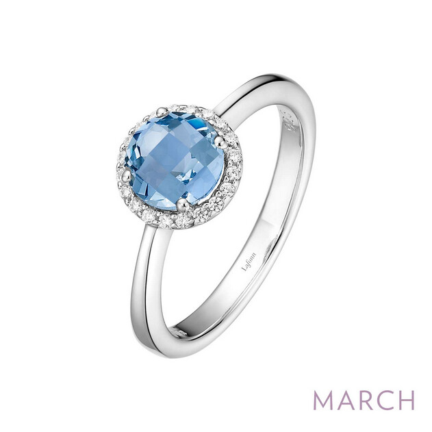 6MM Simulated Aquamarine w/ .20CTTW Lassaire Halo Ring - size 7