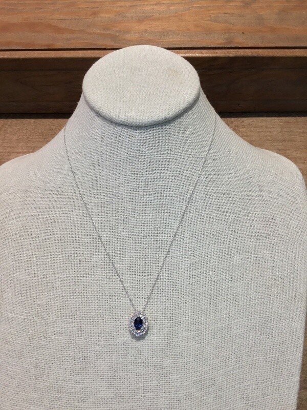14KT 1/3 CT Diamond Halo Oval Sapphire Pendant w/chain