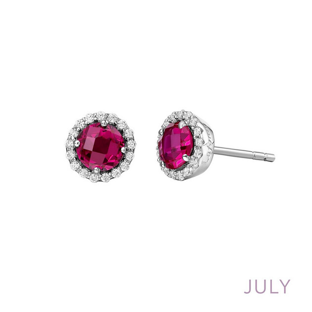 5MM LG Ruby with .34 CTTW Lassaire Halo Earrings