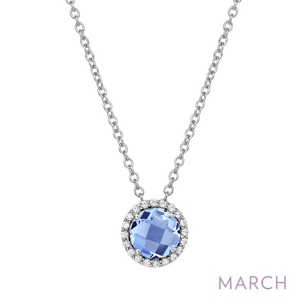 6MM Simulated Aquamarine w/  .20CTTW Lassaire Halo Necklace