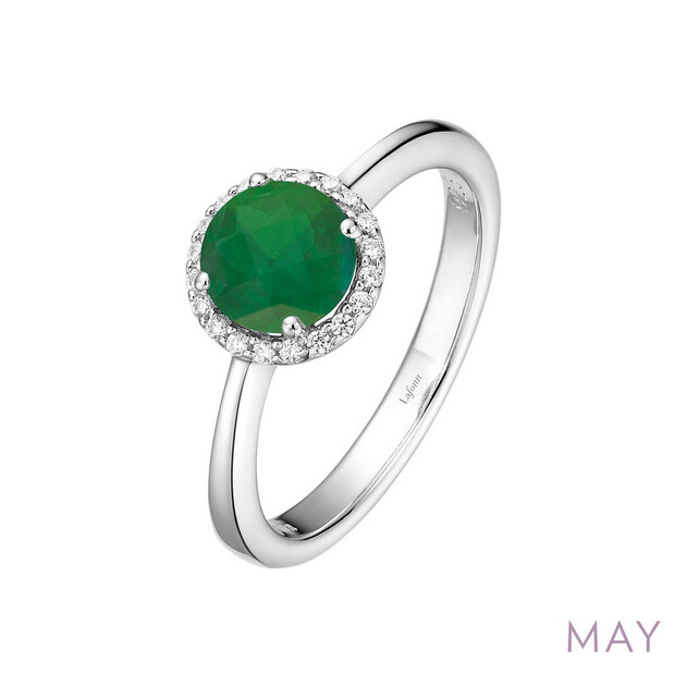 6MM Simulated Emerald w/ .20CTTW Lassaire Halo Ring - size 7