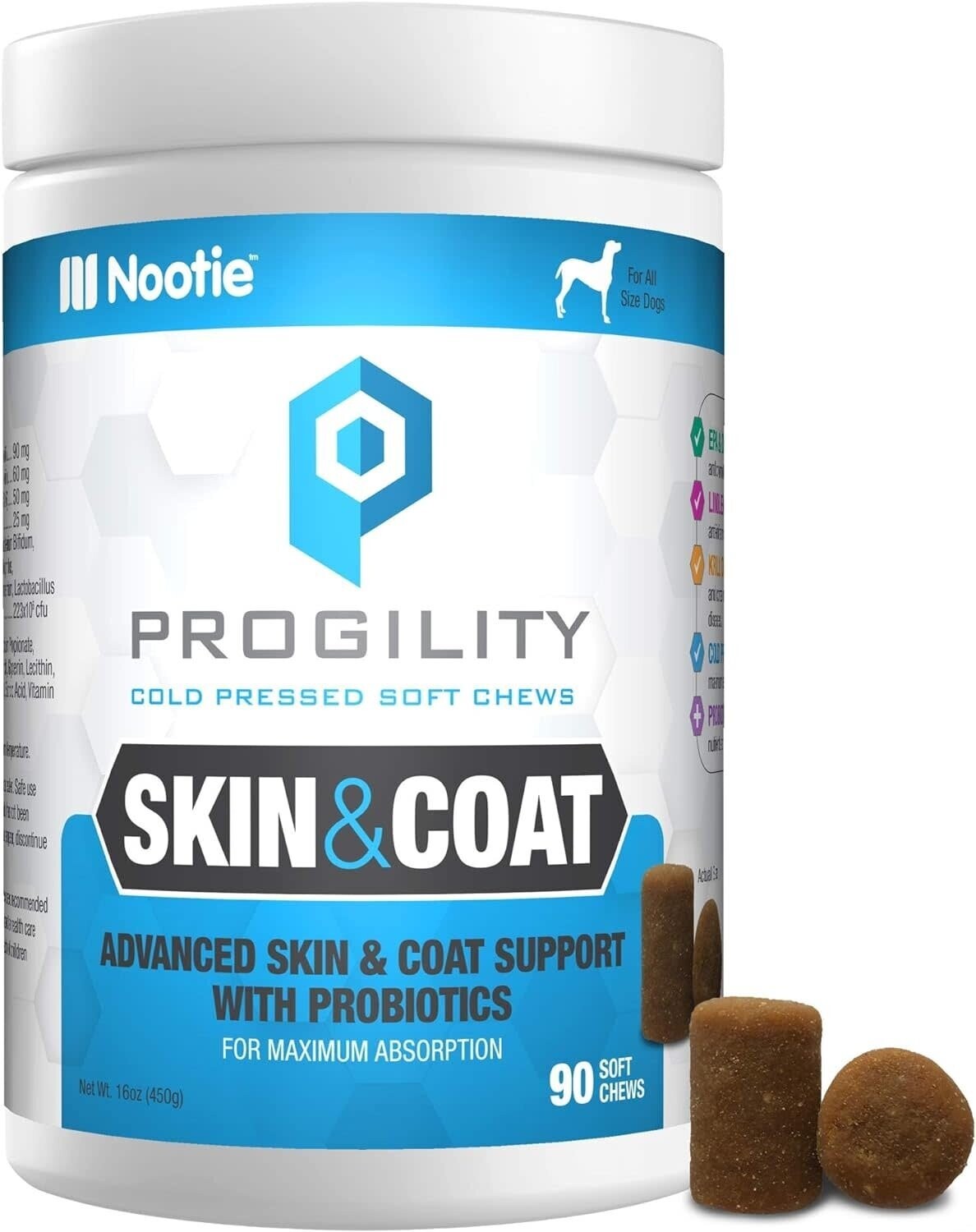 Nootie Progility Soft Chew Supplements Skin &amp; Coat with Krill Oil 90 count