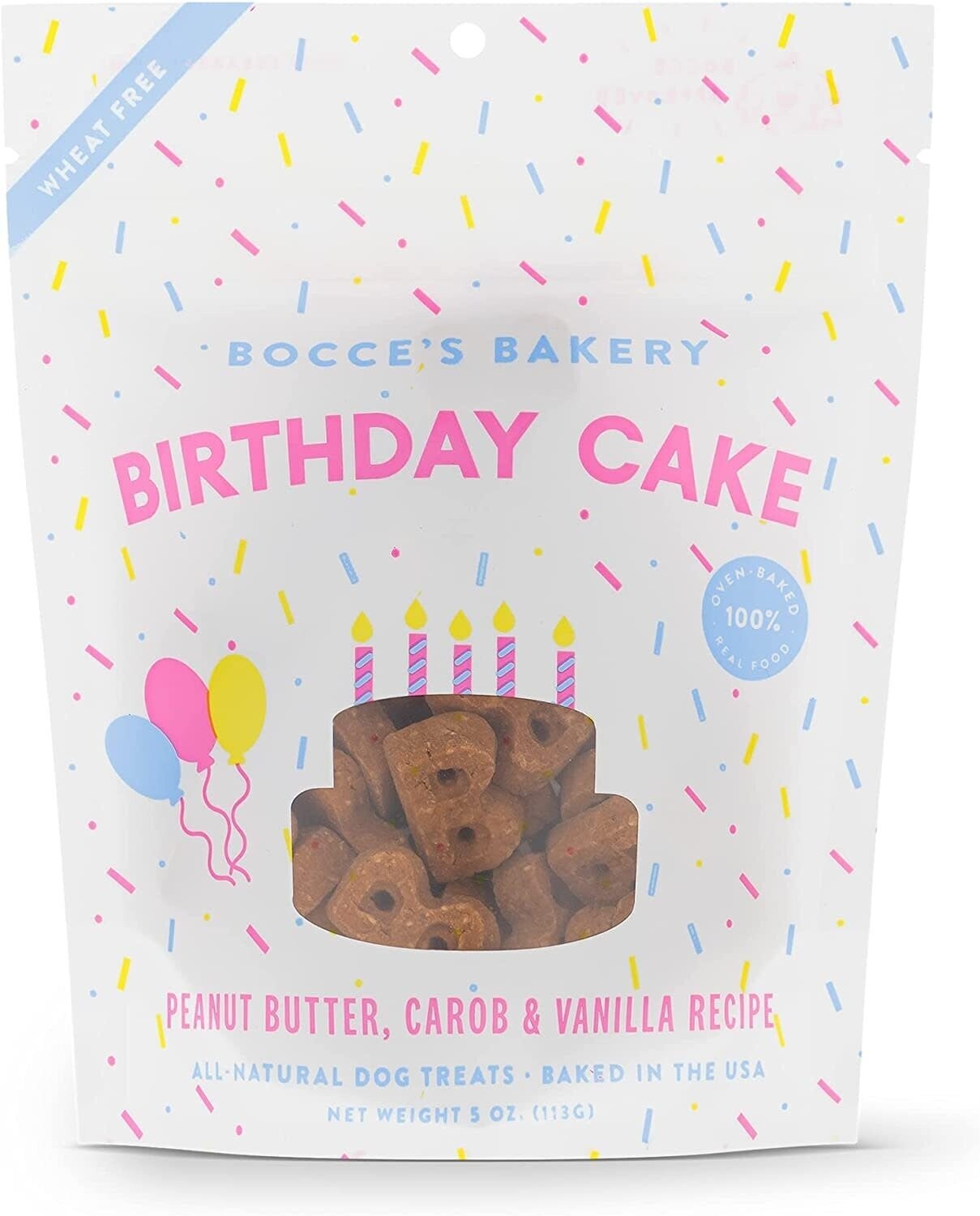 Bocce&#39;s Bakery Birthday Cake Crunchy Biscuits Peanut Butter, Carob &amp; Vanilla Recipe 5 oz