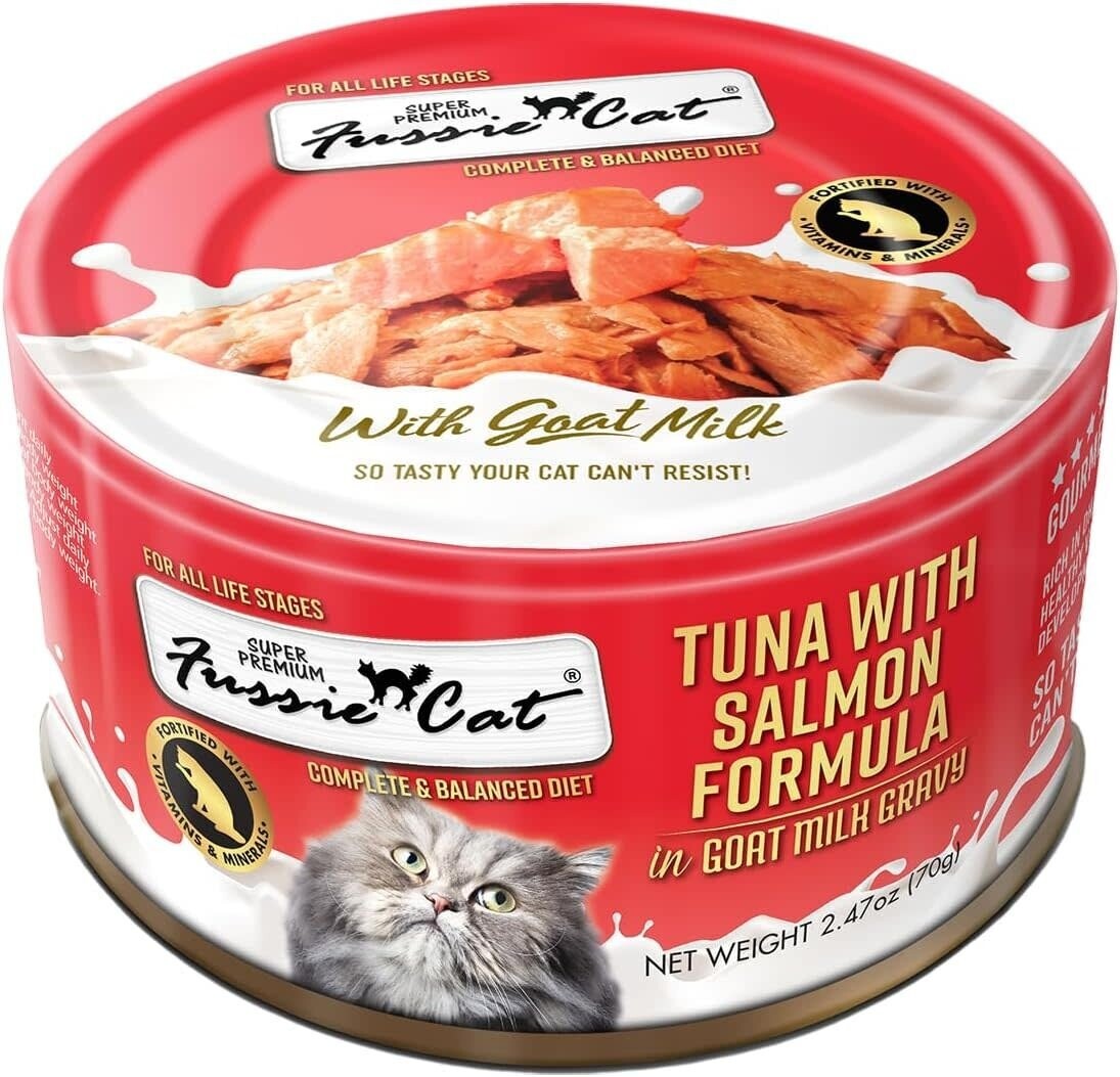 Fussie Cat Can Super Premium Tuna w/Salmon in Goats Milk Cat Food 2.47oz