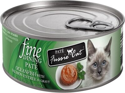 Fussie Cat Fine Dining Pate Oceanfish with Salmon Entrée In Gravy 2.82oz Case of 24