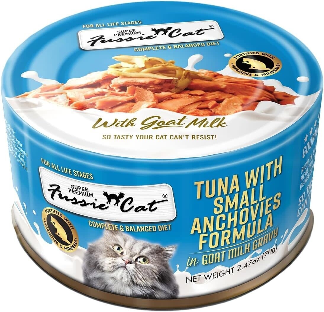 Fussie Cat Can Super Premium Tuna w/Small Anchovies in Goats Milk Cat Food 2.47oz Case of 24